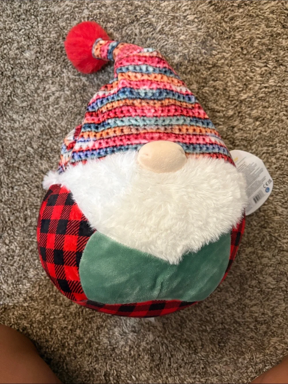 Squishmallows Red & Black Buffalo Plaid Gnome with Multicolor Knit Hat